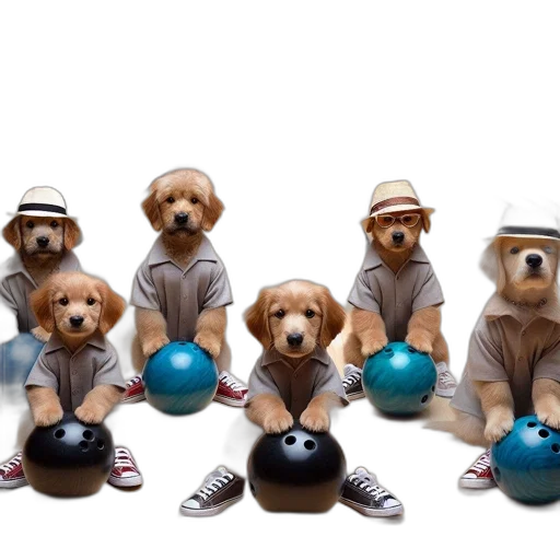 six, dressed-up, puppies, sit, bowling, balls, alley, colorful transparent PNG cut-out