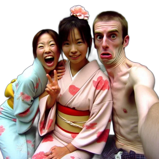 three, people, traditional, japanese, yukatas, depicted, humorous, scene transparent PNG cut-out