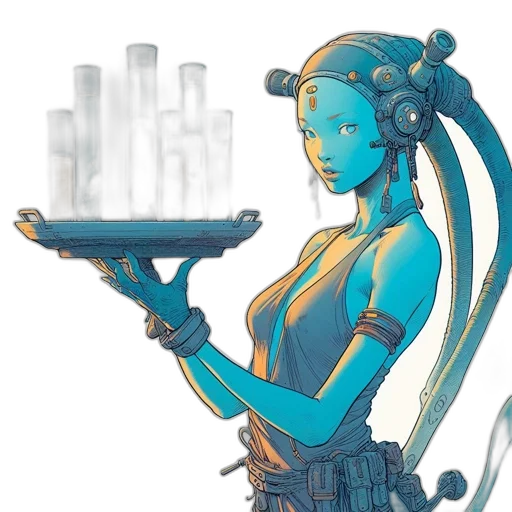 robot, cyberpunk, concept art, comic book art, fantasy art, blue, pastel, female transparent PNG cut-out
