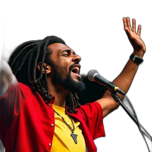 close-up, man, dreadlocks, wearing, red, yellow, shirt, raising transparent PNG cut-out