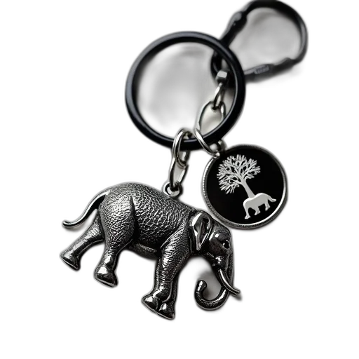jewelry, monochrome, silver, elephant-shaped, keychain, detailed, design, circular transparent PNG cut-out