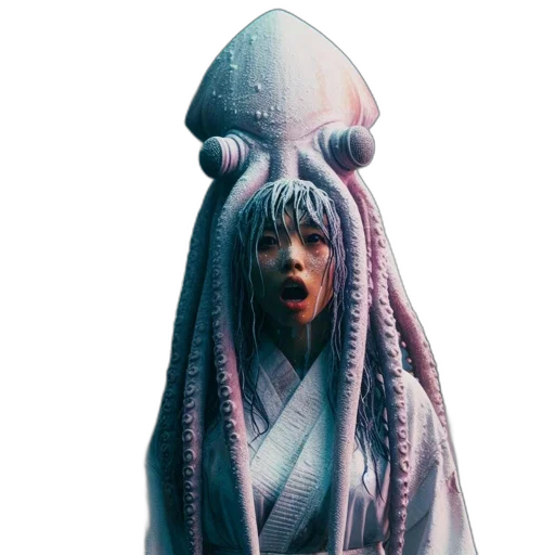 creature, hat, umbrella, dress, concept art, 3d render, fantasy art, vaporwave transparent PNG cut-out