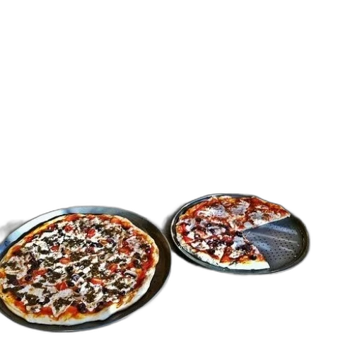 food, 3d render, photorealistic, two, pizzas, sit, counter, one transparent PNG cut-out