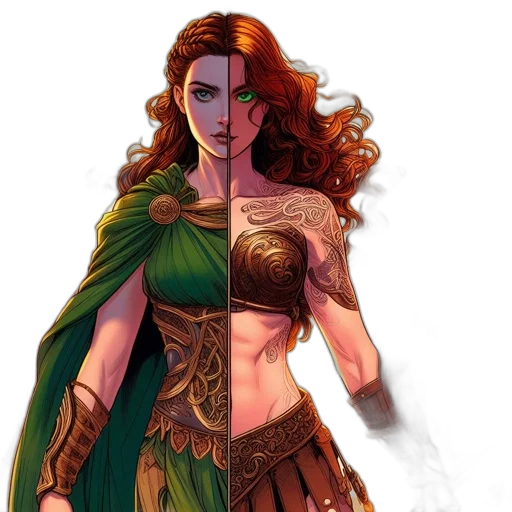 fantasy art, concept art, comic book art, pixel art, green, earth tones, golden, female transparent PNG cut-out