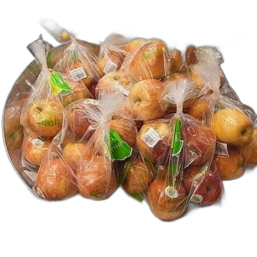 food, bags, apples, market, display, green, labels, white transparent PNG cut-out