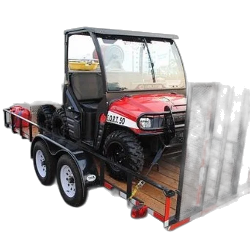 red, utility, vehicle, loaded, onto, black, trailer, wooden transparent PNG cut-out