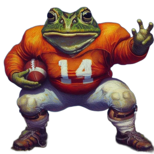 anthropomorphic, frog, wearing, football, player, uniform, holds, ball transparent PNG cut-out