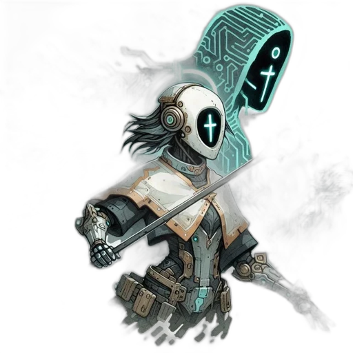 robot, weapon, mask, staff, concept art, cyberpunk, fantasy art, comic book art transparent PNG cut-out