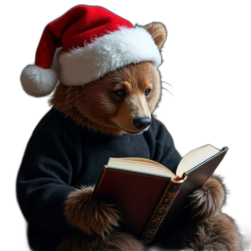 hat, black, sweatshirt, bear, santa, reading, celebrate, them transparent PNG cut-out
