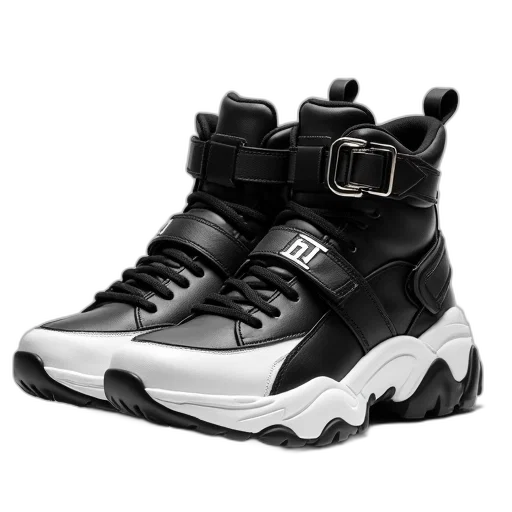 shoes, 3d render, photorealistic, pair, black, white, high-top, sneakers transparent PNG cut-out