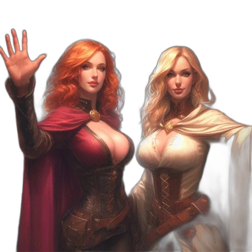 fantasy art, concept art, comic book art, photorealistic, red, golden, two, women transparent PNG cut-out