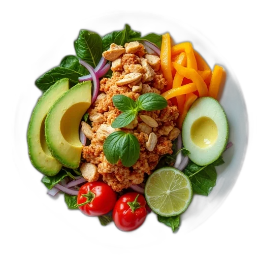 food, plate, variety, ingredients, including, chicken, avocado, red transparent PNG cut-out
