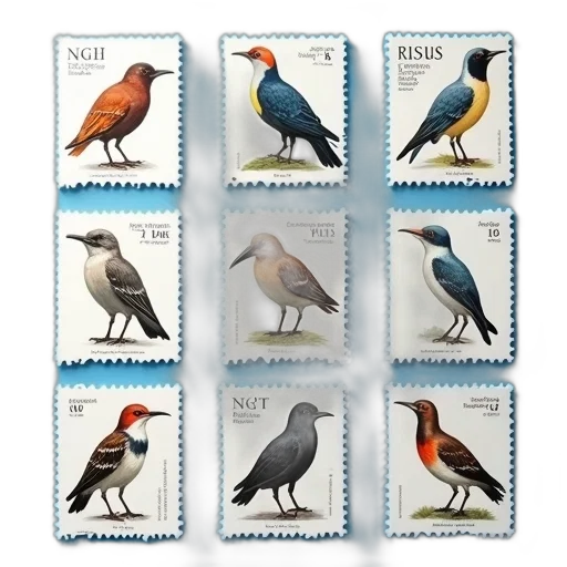 collection, nine, postage, stamps, featuring, various, birds, displayed transparent PNG cut-out