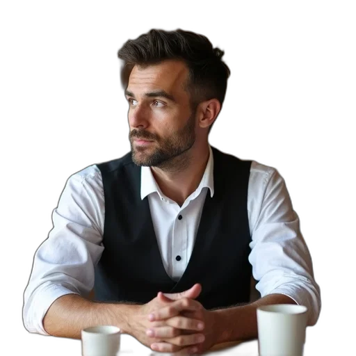 jacket, staff, face, hair, concept art, photorealistic, man, seated transparent PNG cut-out