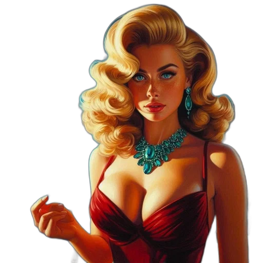 jewelry, dress, comic book art, photorealistic, oil painting, cartoon, red, woman transparent PNG cut-out