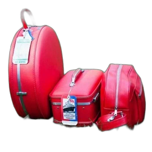 red, three, suitcases, tags, them, sit, grass transparent PNG cut-out