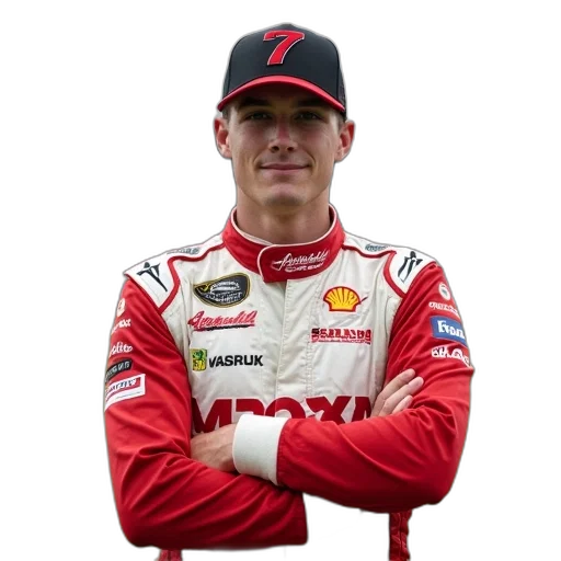 young, man, wearing, red, white, racing, suit, sponsor transparent PNG cut-out