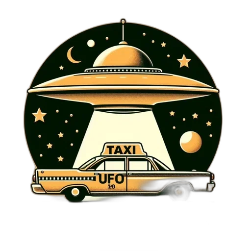 car, staff, concept art, pixel art, outer space, yellow, taxi, words transparent PNG cut-out