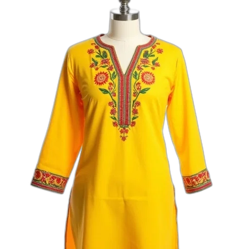 dress, yellow, traditional, indian, kurta, intricate, embroidery, displayed transparent PNG cut-out
