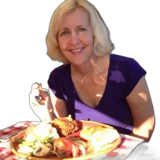 food, staff, jewelry, face, photorealistic, woman, purple, shirt transparent PNG cut-out