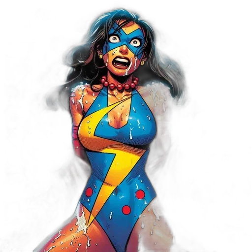 comic book art, concept art, female, superhero, blue, yellow, costume, reacts transparent PNG cut-out
