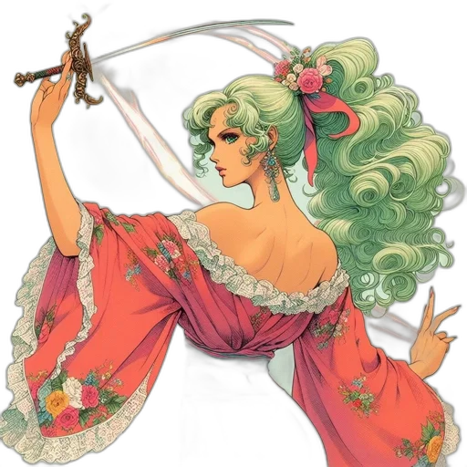 dress, staff, concept art, fantasy art, watercolor, anime, green, pastel transparent PNG cut-out
