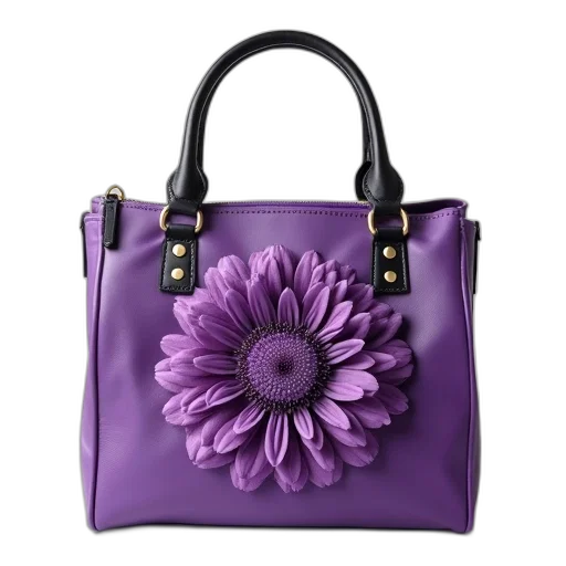 flower, photorealistic, colorful, purple, handbag, black, handle, floral transparent PNG cut-out