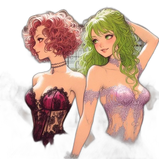 dress, concept art, watercolor, fantasy art, anime, green, colorful, two transparent PNG cut-out