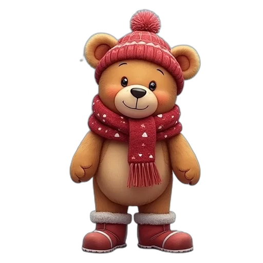 3d render, photorealistic, concept art, cartoon, teddy, bear, wearing, winter transparent PNG cut-out