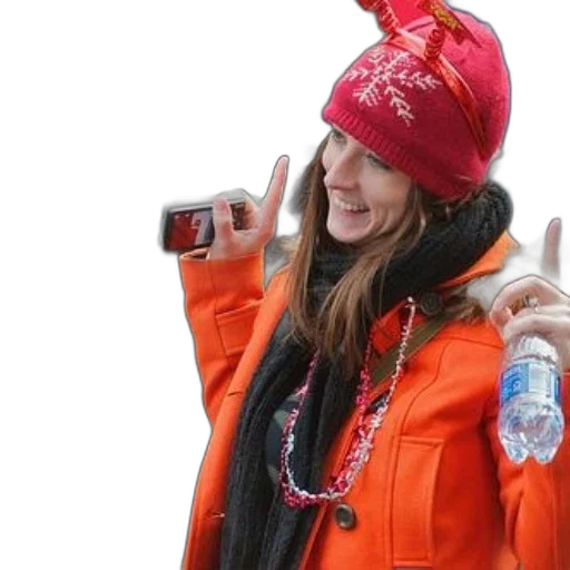 jacket, staff, hat, woman, orange, coat, red, holds transparent PNG cut-out