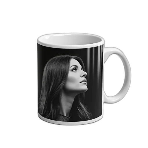 photorealistic, ceramic, mug, black, white, image, woman, profile transparent PNG cut-out