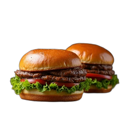 food, animal, weapon, photorealistic, 3d render, pixel art, two, burgers transparent PNG cut-out