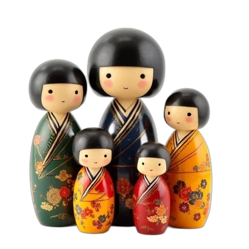 photorealistic, 3d render, collection, five, traditional, japanese, dolls, each transparent PNG cut-out