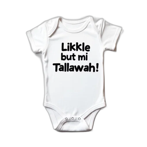 white, onesie, black, text, reads, likkle, but, tallawah transparent PNG cut-out