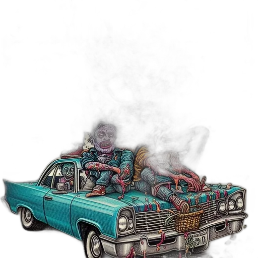 car, concept art, comic book art, photorealistic, fantasy art, fire, fog, city street transparent PNG cut-out