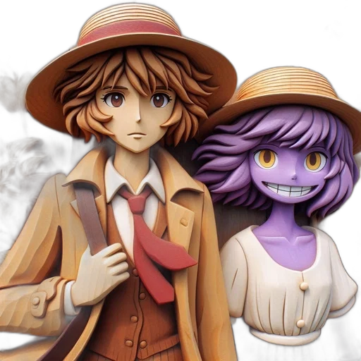 hat, concept art, anime, watercolor, fantasy art, two, animated, characters transparent PNG cut-out