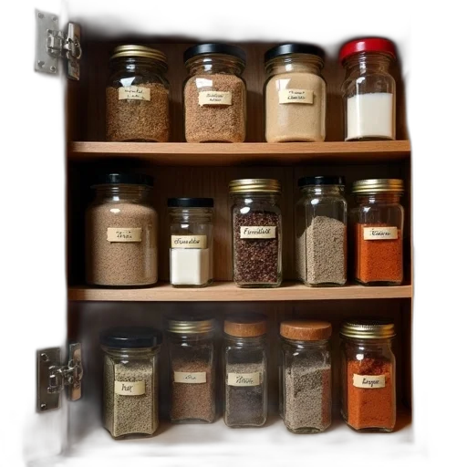 bottle, food, earth tones, golden, wooden, cabinet, multiple, shelves transparent PNG cut-out