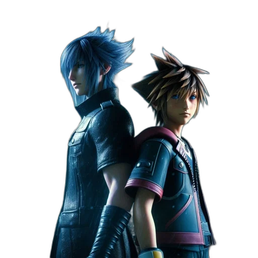 concept art, 3d render, blue, two, teenage, characters, stand, back-to-back transparent PNG cut-out