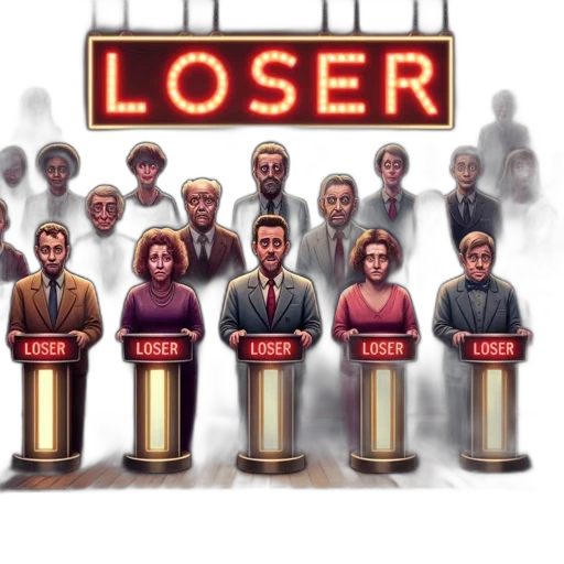 concept art, animated, characters, standing, behind, labeled, podiums, neon transparent PNG cut-out