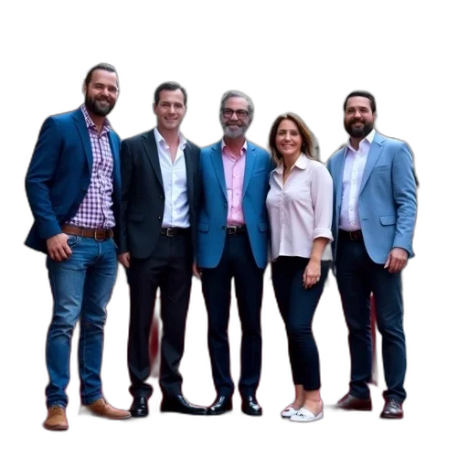 staff, jacket, group, five, people, standing, red, carpet transparent PNG cut-out