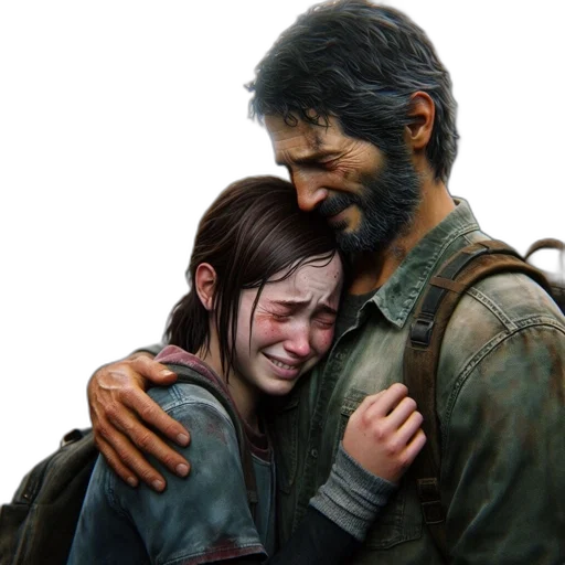 jacket, concept art, photorealistic, weary, father, tearful, daughter, embrace transparent PNG cut-out