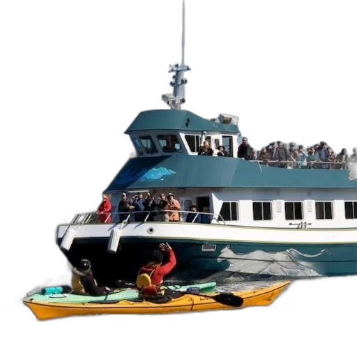 3d render, concept art, photorealistic, large, boat, passengers, board, accompanied transparent PNG cut-out