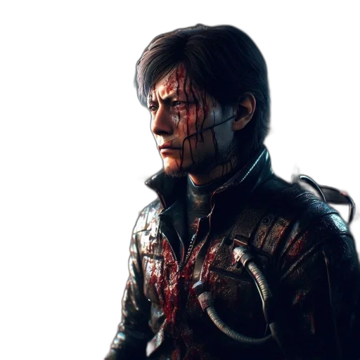 jacket, face, concept art, cyberpunk, photorealistic, pixel art, distressed, man transparent PNG cut-out