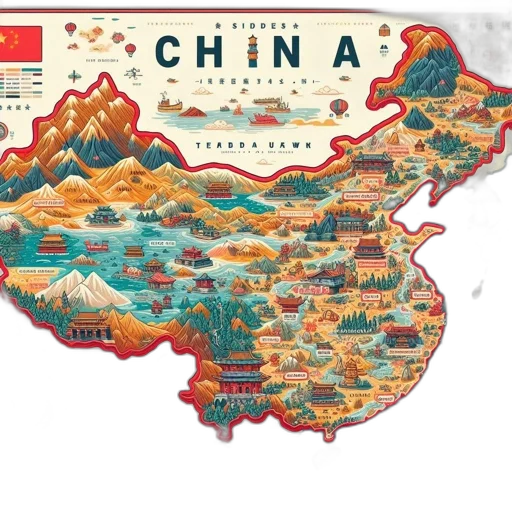 colorful, illustrative, map, china, displays, geographical, historical, cultural transparent PNG cut-out