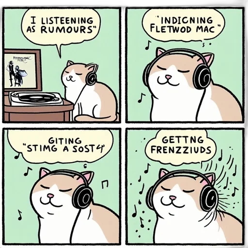 cartoon, 4-panel, comic, strip, cat, listens, fleetwood, mac transparent PNG cut-out