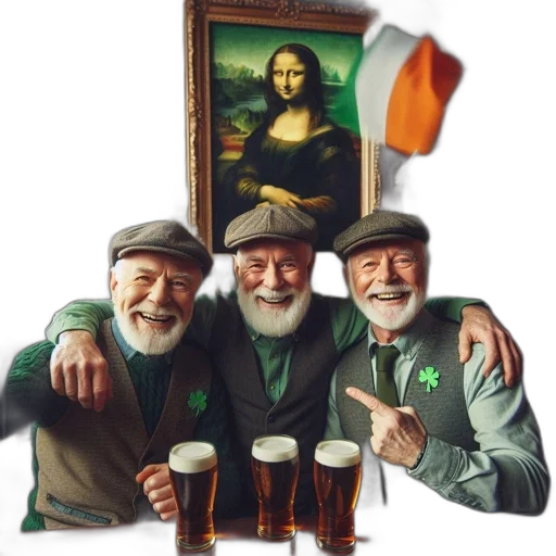 hat, oil painting, three, elderly, men, caps, shirts, shamrocks transparent PNG cut-out