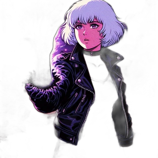 jacket, weapon, face, creature, cyberpunk, concept art, vaporwave, comic book art transparent PNG cut-out
