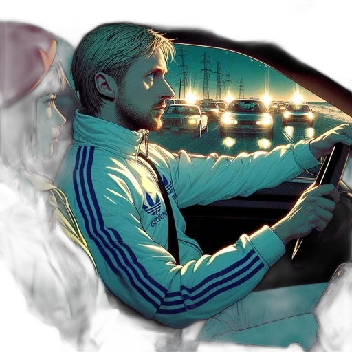 car, jacket, vaporwave, photorealistic, concept art, cartoon, neon lights, fog transparent PNG cut-out