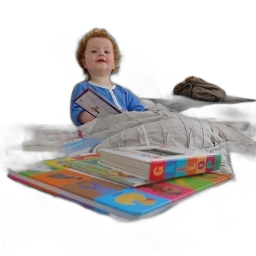 weapon, 3d render, photorealistic, child, sits, bed, pile, books transparent PNG cut-out