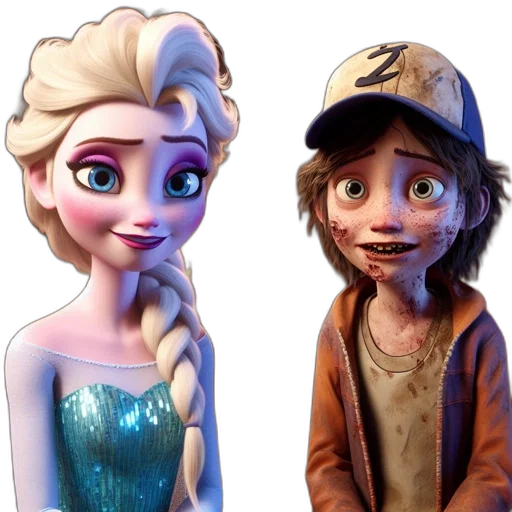 3d render, concept art, fantasy art, cartoon, two, animated, characters, elsa transparent PNG cut-out